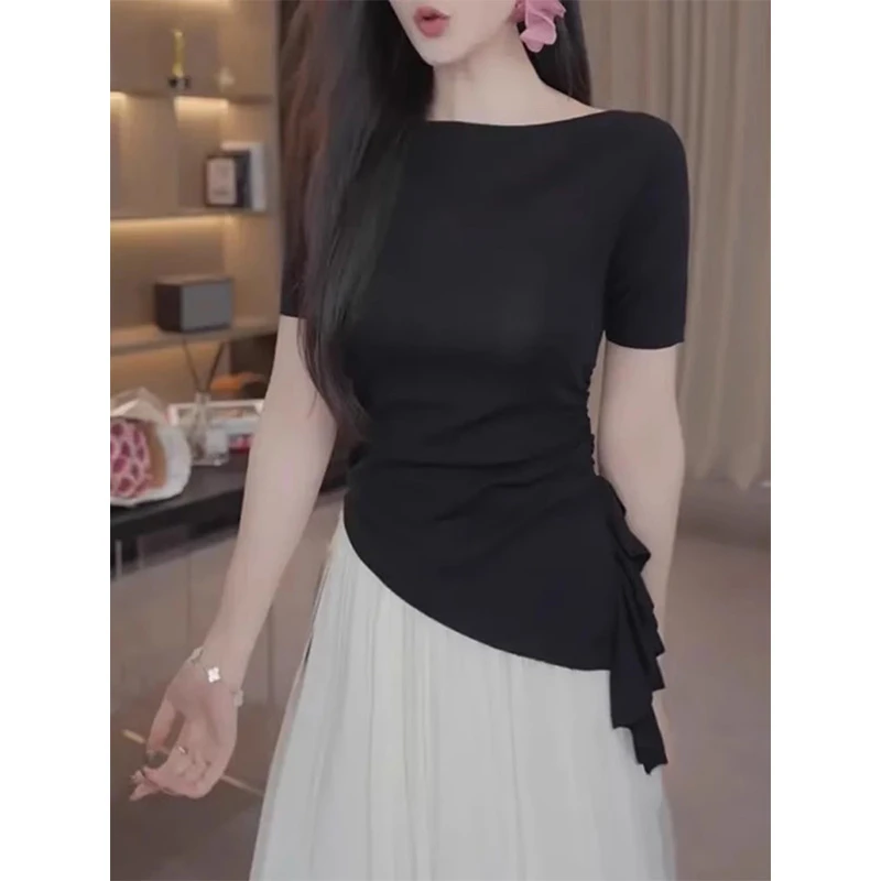 不规则荷叶边针织短袖t恤女2025新款夏季修身一字肩上衣高级感