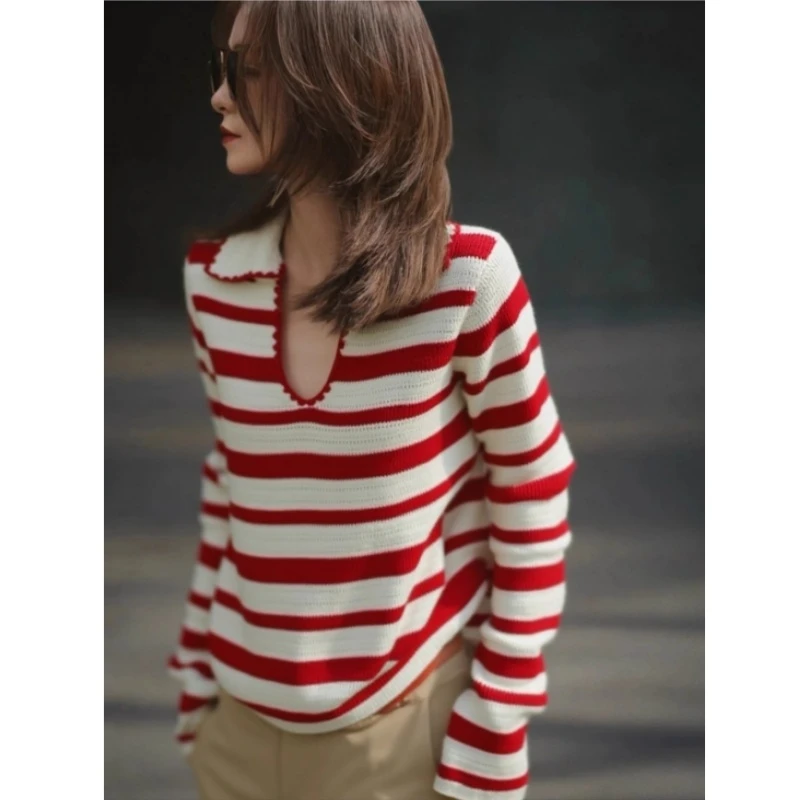 条纹撞色v领针织长袖t恤女2025新款秋季小个子宽松显瘦设计感上衣