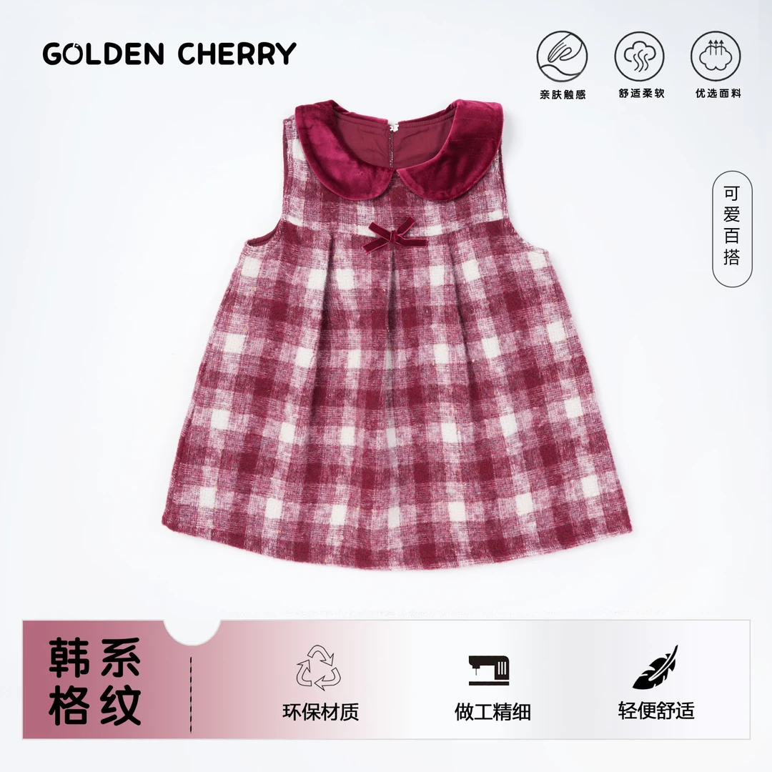 Y【金樱桃】小童蝴蝶结无袖娃娃领格子连衣裙QDD1252
