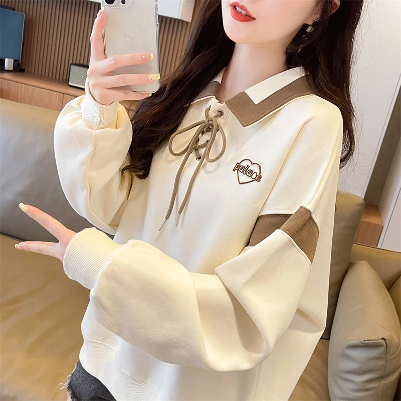 翻领polo衫卫衣女2025新款春秋季韩版宽松薄款学生假两件上衣外套