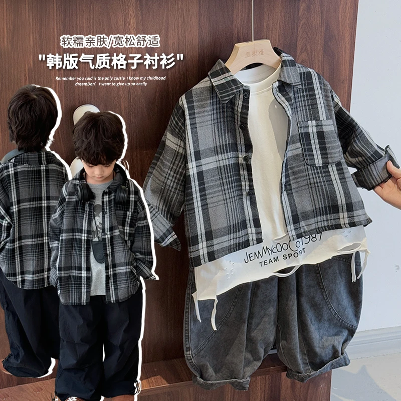 《春上新》春男女童24QC439韩版黑白格子衬衫外套潮童装衬衣新款帅