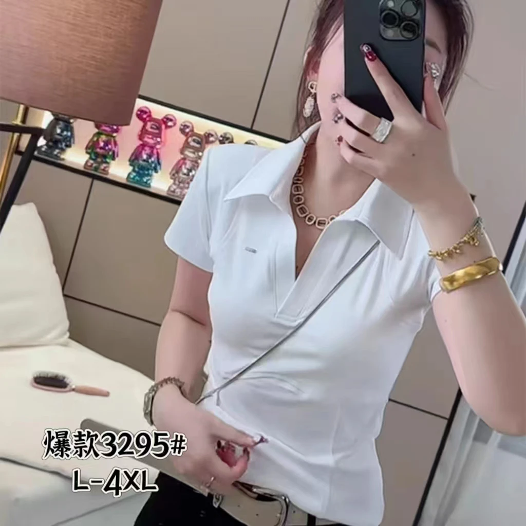 时尚洋气百搭显瘦翻领短袖T恤夏季新款女上衣