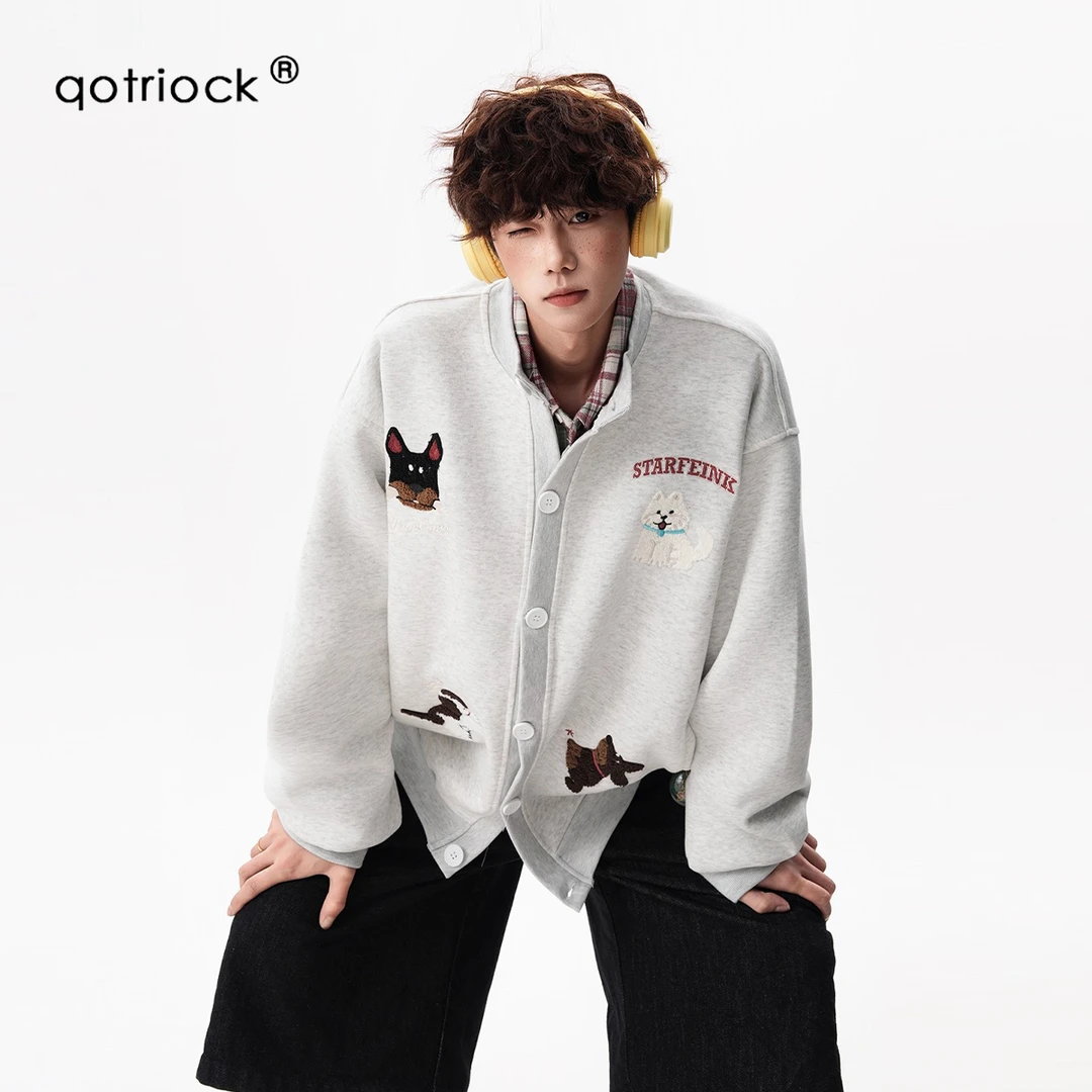 趣味卡通小狗毛巾绣开衫卫衣男女秋季宽松棒球服外套情侣夹克上衣