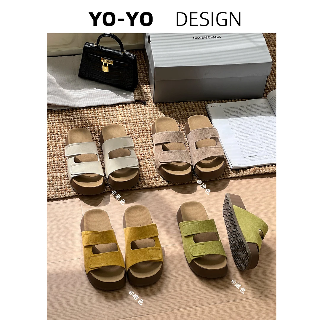 真皮厚底软底凉拖鞋女夏季2025增高时尚外穿舒适一字型勃肯拖鞋