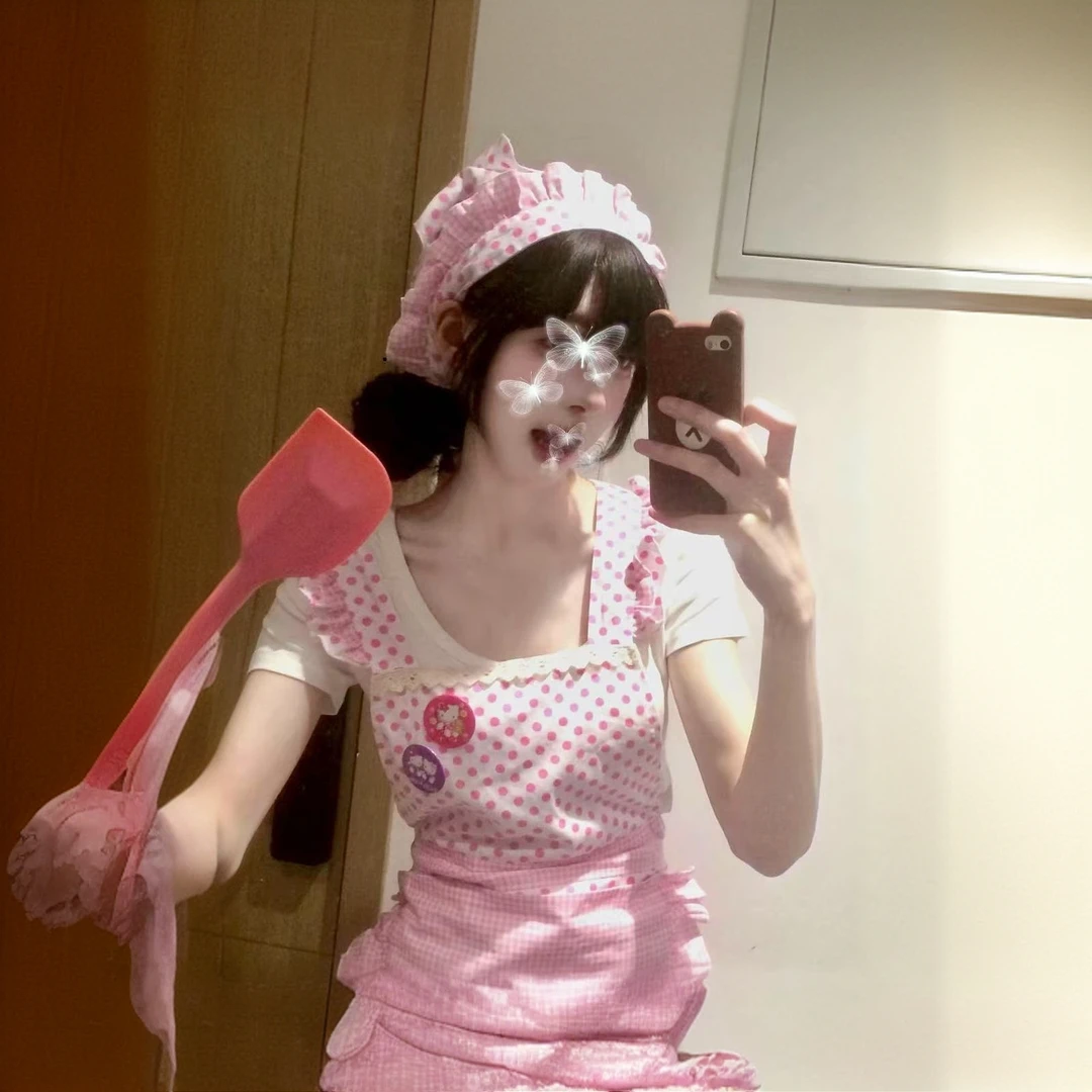 新款甜美小厨娘围裙套装可爱少女防水围裙花边波点绑带家用围裙