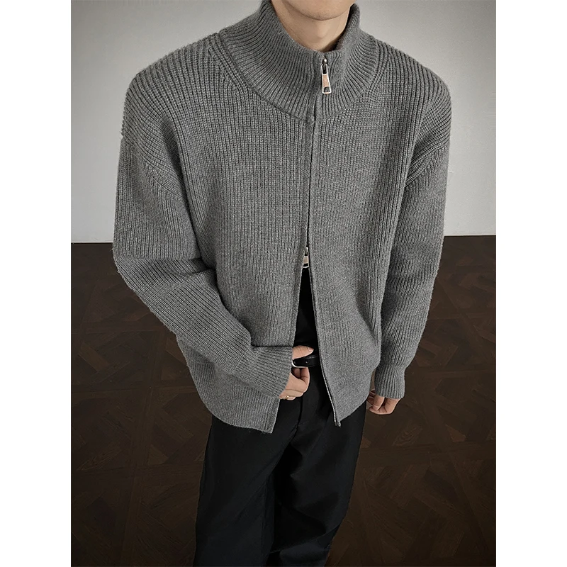 浅灰色美式复古拉链开衫毛衣男女正肩针织衫春秋季内搭修身打底衫