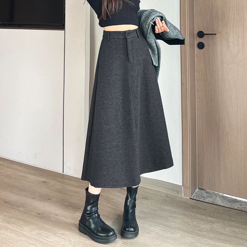 黑灰色法式毛呢半身裙女秋冬2025新款高腰A字显瘦中长款气质伞裙