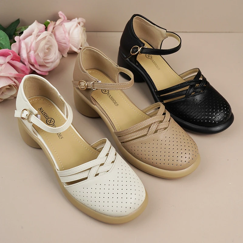 真皮牛皮夏季新款中跟凉鞋一字带圆头镂空女鞋4212