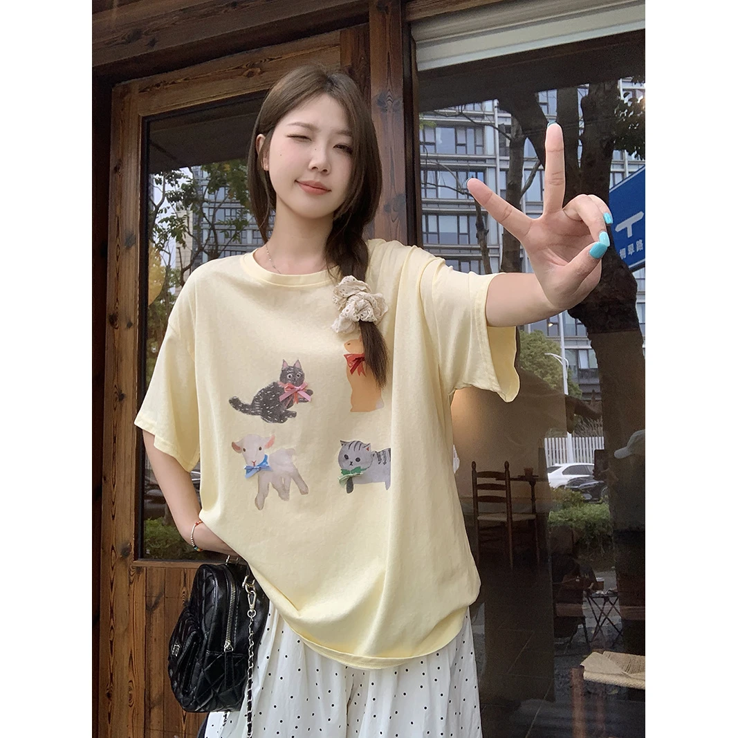 【小曹大码】夏装新款女甜美卡通印花宽松显瘦短袖T恤-ONL35100
