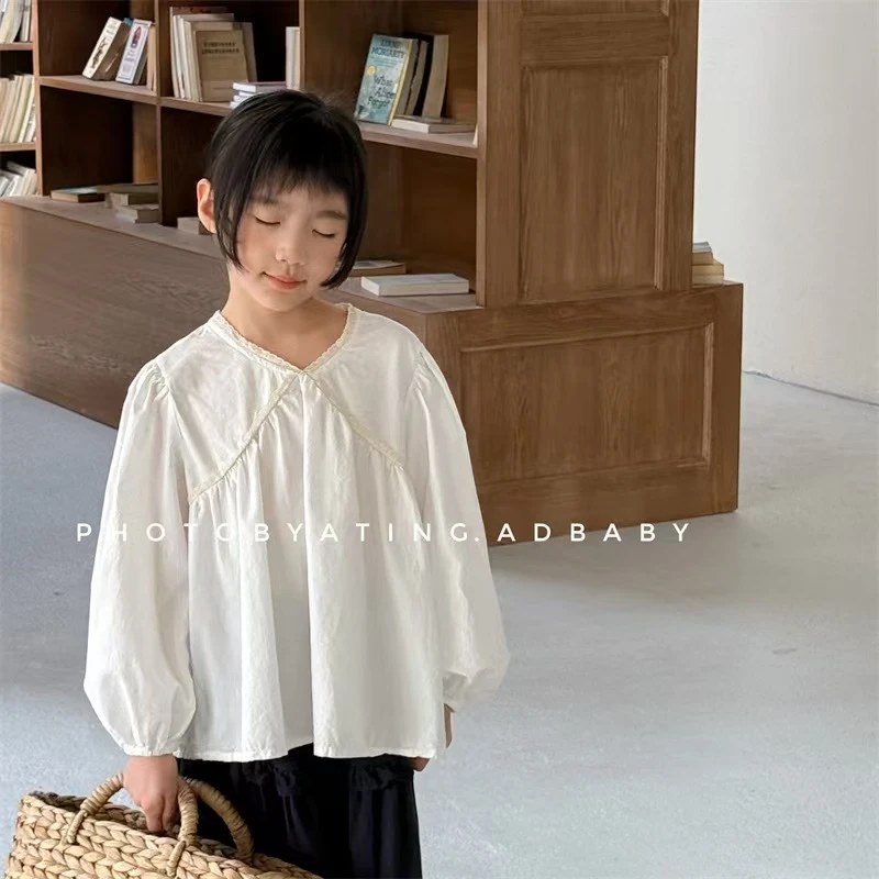 纯色韩版女宝宝洋气白色蕾丝领衬衫小童上衣休闲娃娃衫长袖儿童