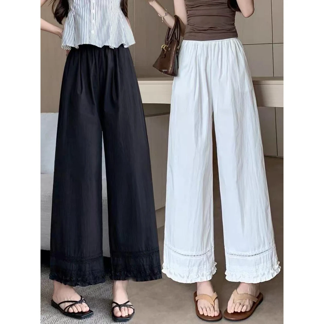 木耳边下摆阔腿裤女2025夏季新款大码胖mm宽松松紧腰小个子九分裤