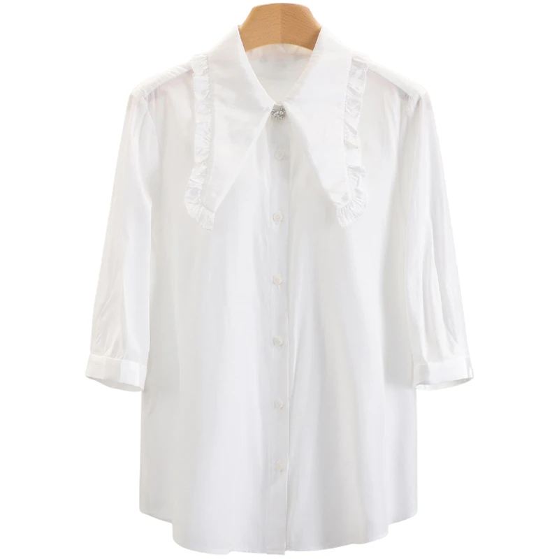 F1671-【飘】七分袖宽松翻领白色休闲衬衫#YPL56S022