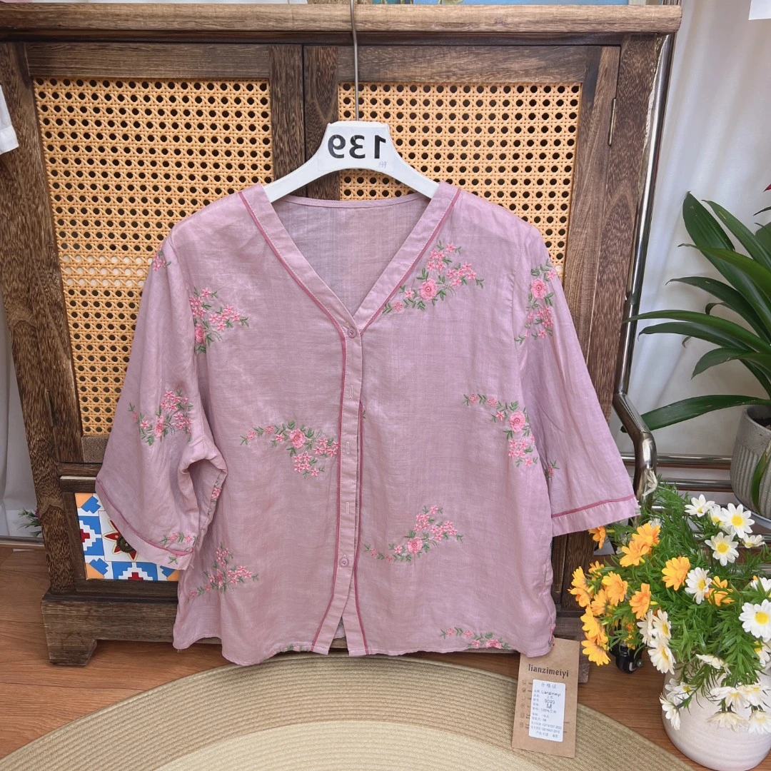 [139拍这里]复古国风刺绣印花苎麻小衫女2025夏新款上衣女休闲风