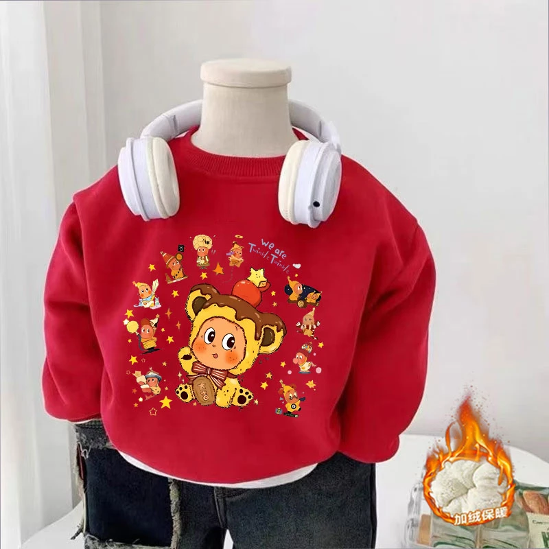 秋冬季新款儿童卡通星星人圆领加绒红色卫衣男女童宝宝一体绒上衣