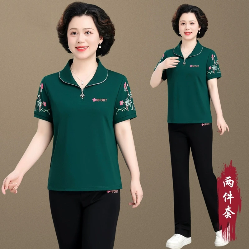 2025新款休闲运动服套装爆款夏季短袖中年妈妈洋气宽松两件套女