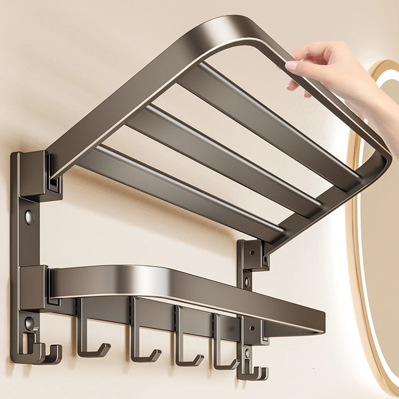 枪灰折叠浴巾架免打孔免钉洗手间浴室置物架厕所挂件卫生间毛巾架