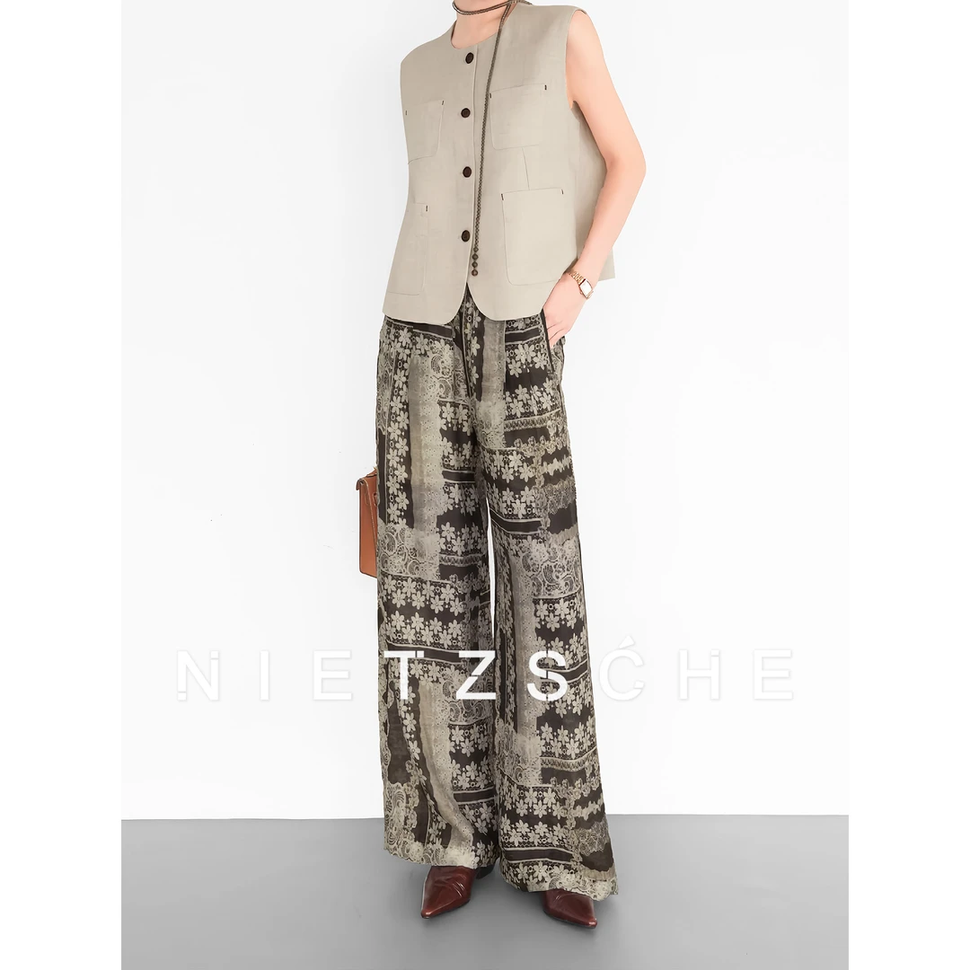 Nietzsche｜图腾花轮裤｜天丝亚麻混纺 显瘦松弛百搭裤休闲裤90092