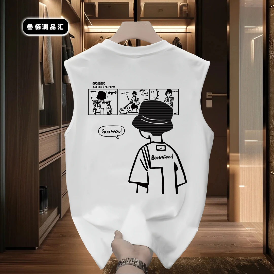 2025夏季潮牌新款重磅品质印花圆领背心无袖宽松休闲t恤男士上衣