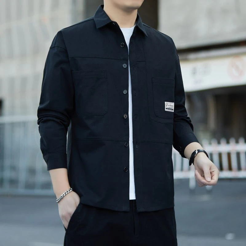 男士长袖加厚衬衫春秋新款宽松衬衣工装外套口袋休闲男上衣
