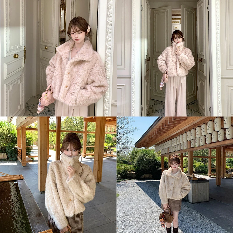 初梦月光手书冬季立领翻领环保毛毛刷花皮毛一体外套保暖上衣