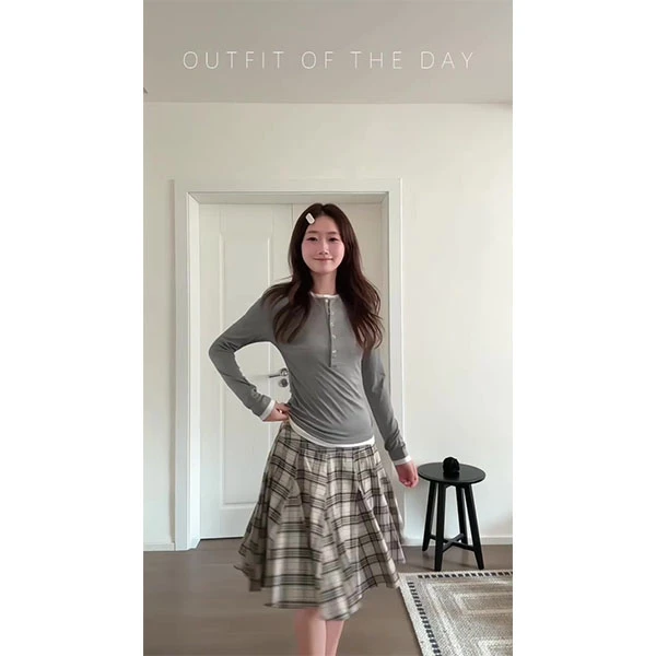 韩系复古亨利领假两件长袖t恤女秋季新款内搭打底衫上衣+裙子套装