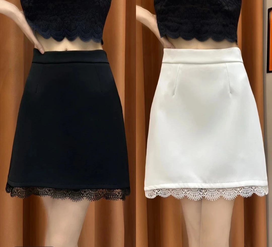 2025春新款高腰a字拼接蕾丝西装短裙时尚显瘦包裙女百搭气质