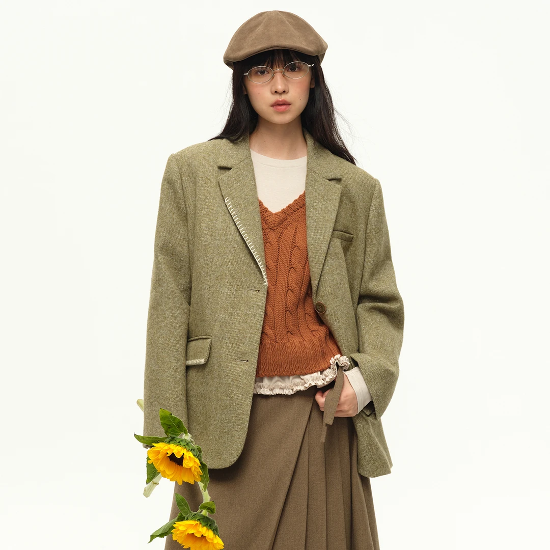 omont蛋挞家复古羊毛混纺毛呢西装外套2025秋季新款宽松休闲大衣