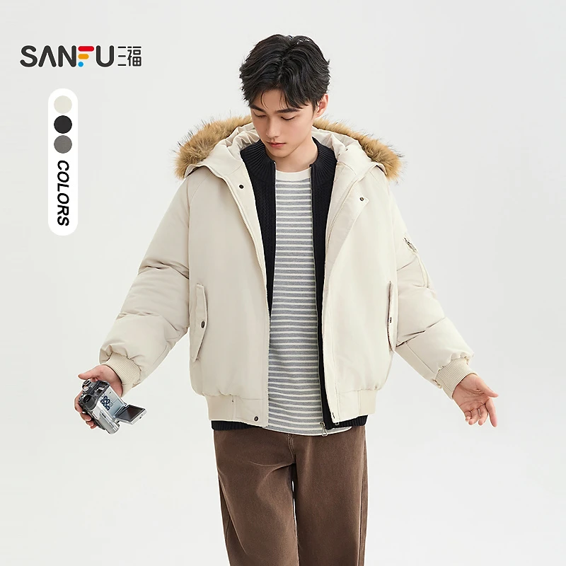 SANFU/三福冬加棉加厚男休闲连帽棉服棉衣保暖宽松毛领外套514072