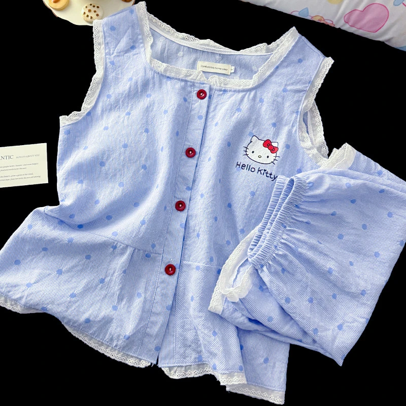 蓝波点kitty猫睡衣女夏季带胸垫可爱纯棉吊带背心夏天棉纱家居服