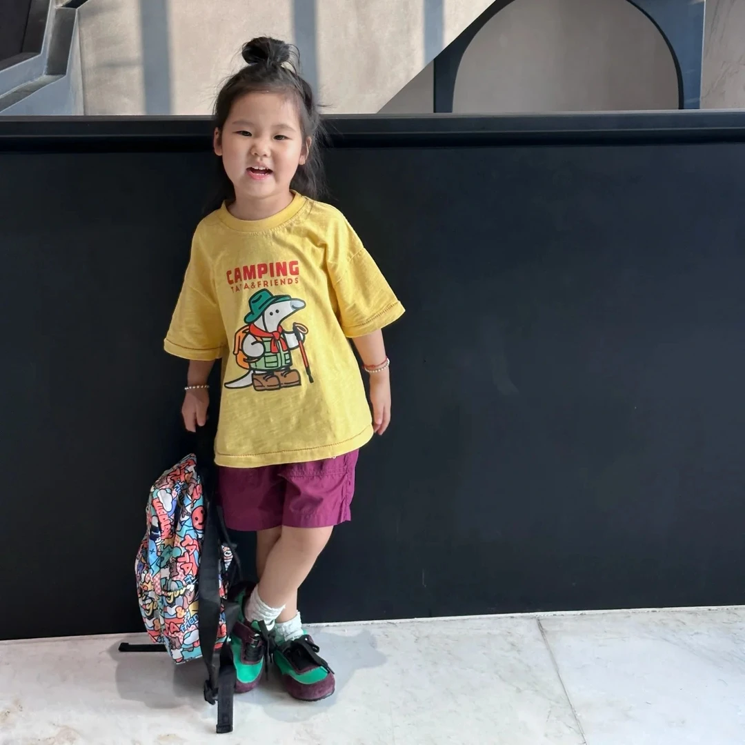 壹妈童装韩版女童时髦洋气套装2025夏季新款儿童黄色短袖T恤短裤