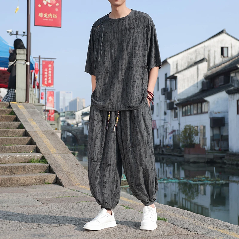 新中式男装破洞做旧冰丝t恤夏季中国风套装藏式刮烂破坏感半截袖