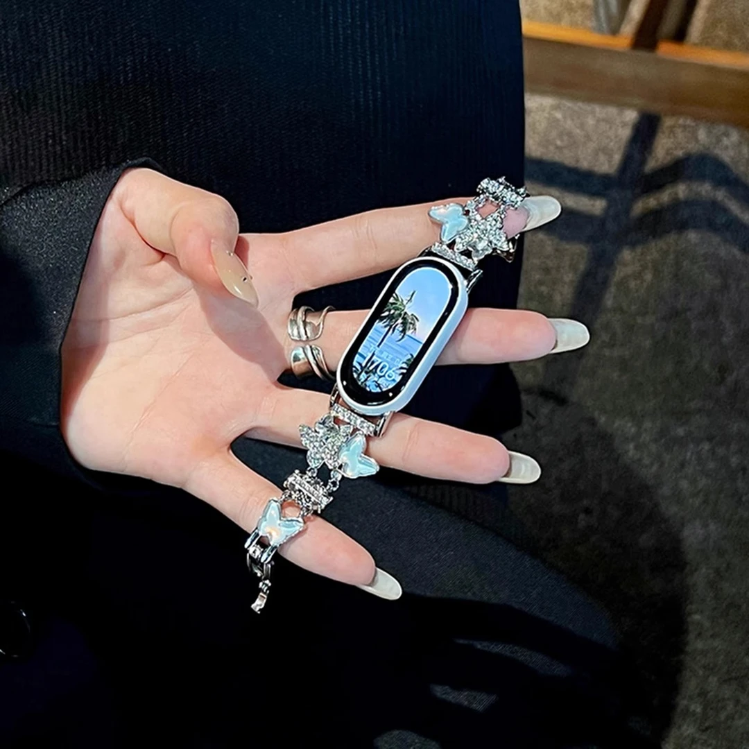 适用于小米手环9表带金属链式10高级小香风陶瓷版9蝴蝶皇冠8腕带