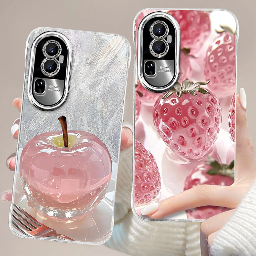 适用于【OPPO】Reno10爆款水晶苹果草莓创意时尚羽纱无边框手机壳