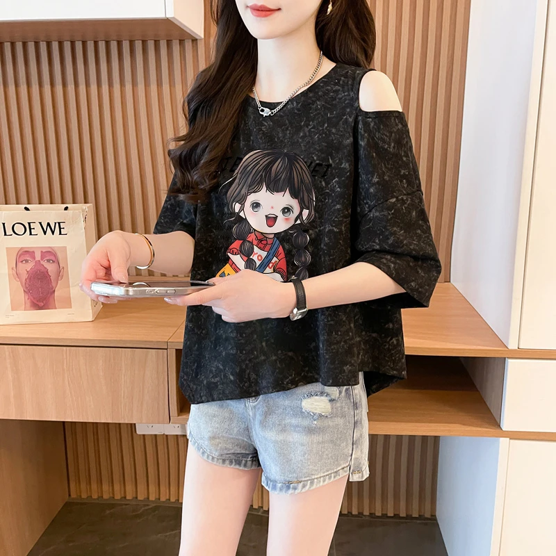 宽松oversize短袖T恤女2025夏季新款爆款时尚扎染不规则露肩上衣