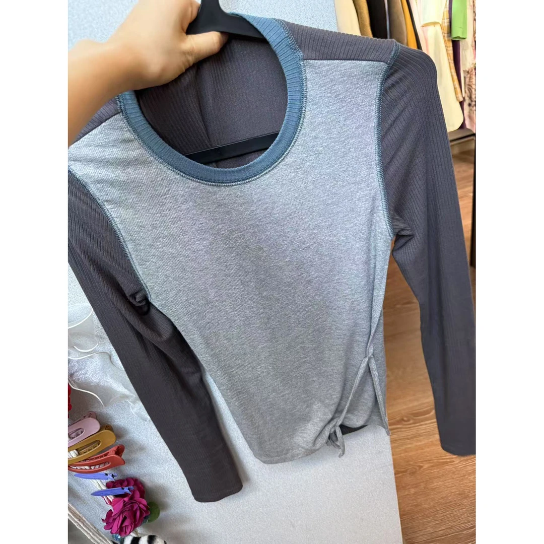 井迪儿【寻寻觅觅】简约百搭后系带拼接针织假两件上衣长袖T恤