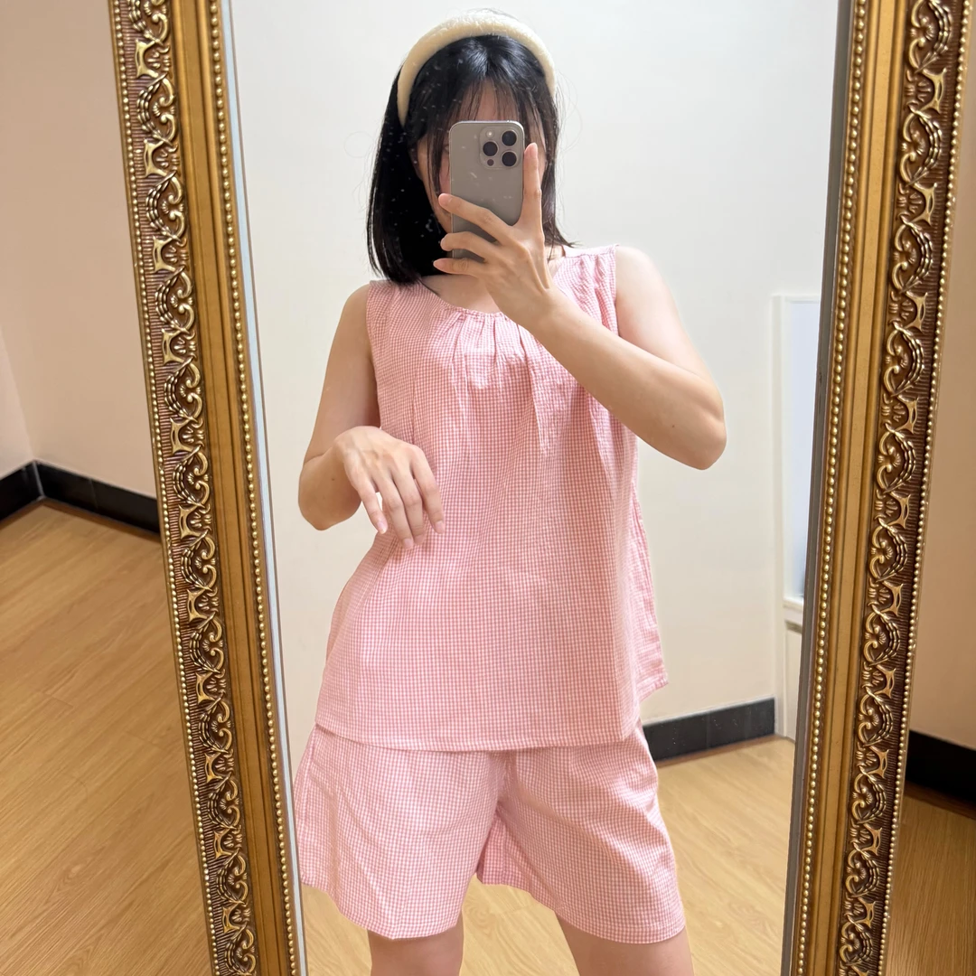 日系粉色格子睡衣女夏季薄款2025新款背心短裤双层纯棉纱布家居服
