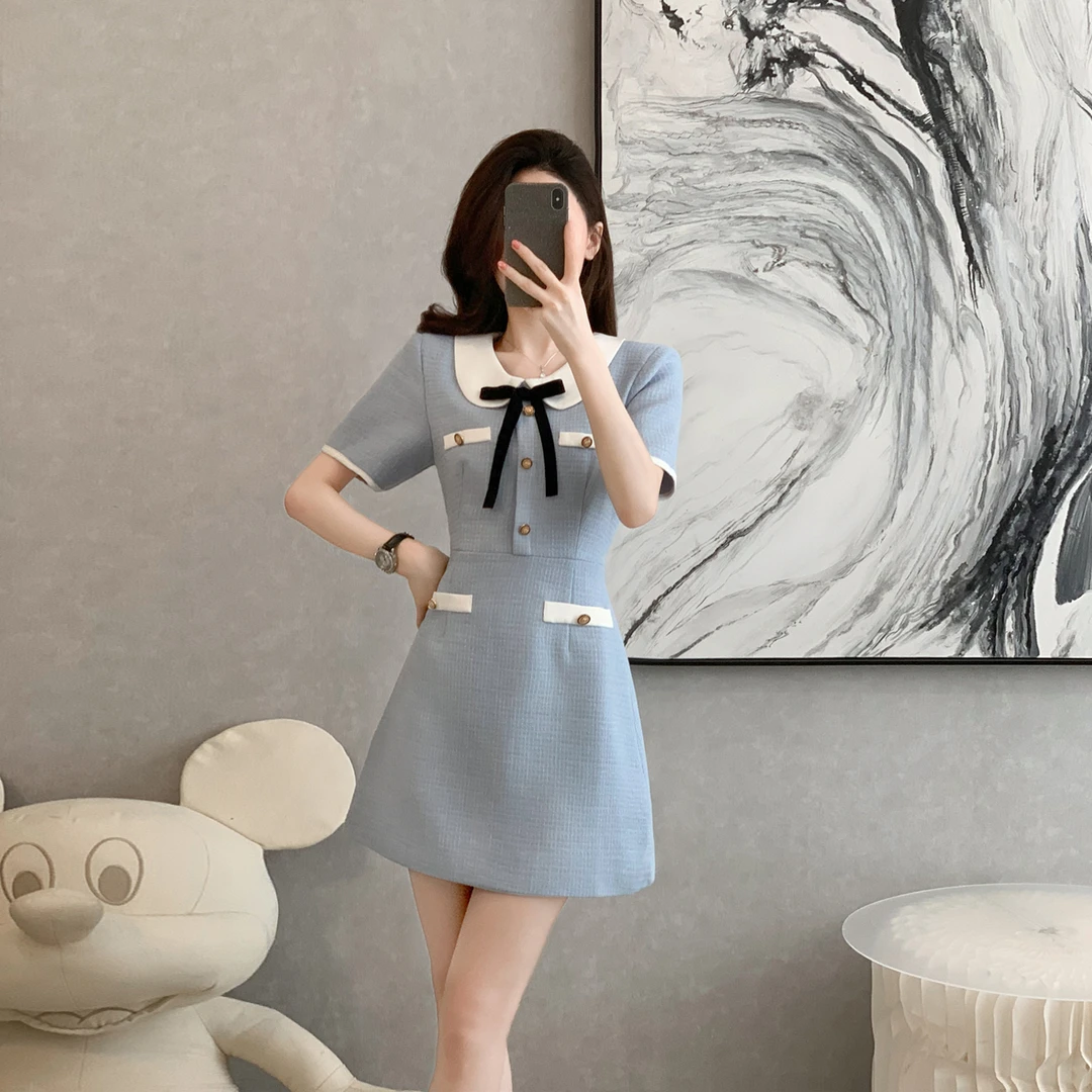 夏季蓝色小香风连衣裙女2025新款气质法式蝴蝶结减龄收腰A字短裙