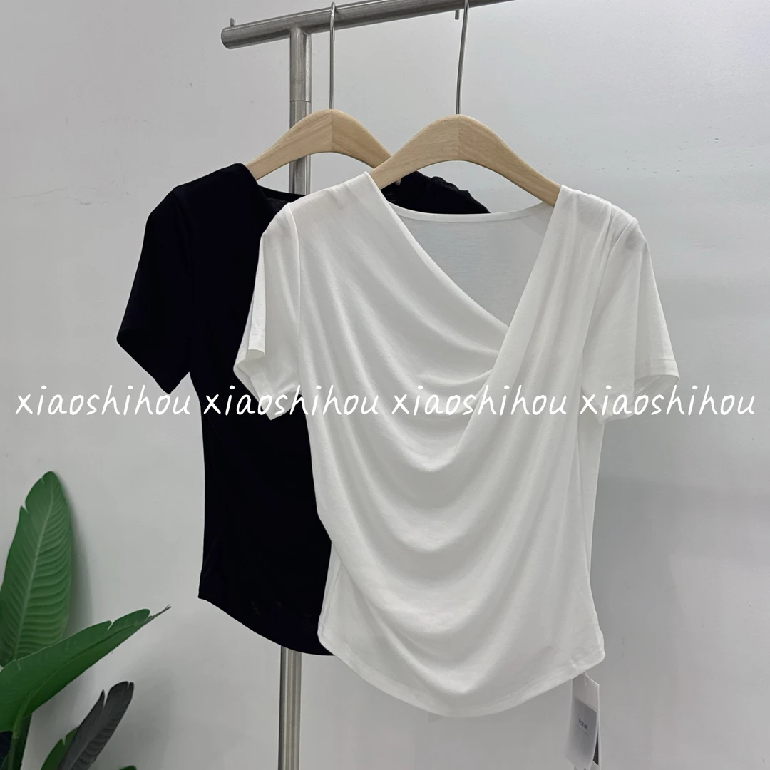 小时候女装店纯色荡领不规则短袖822