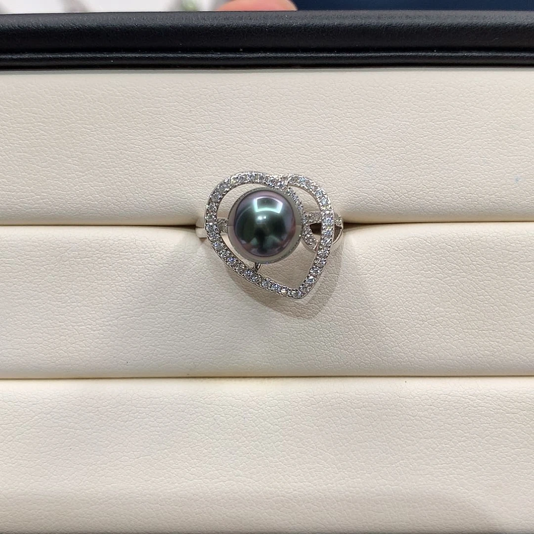 海水珍珠戒圈银S925镶嵌大溪地灰紫戒指