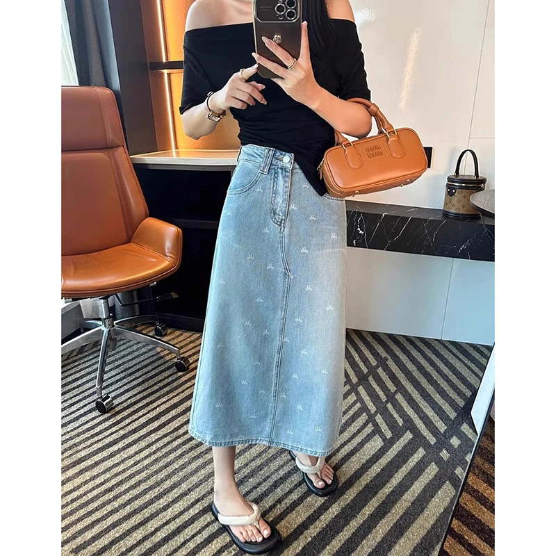 2025春季新款后开叉蝴蝶印染牛仔设计感半裙女遮跨显瘦中长裙子