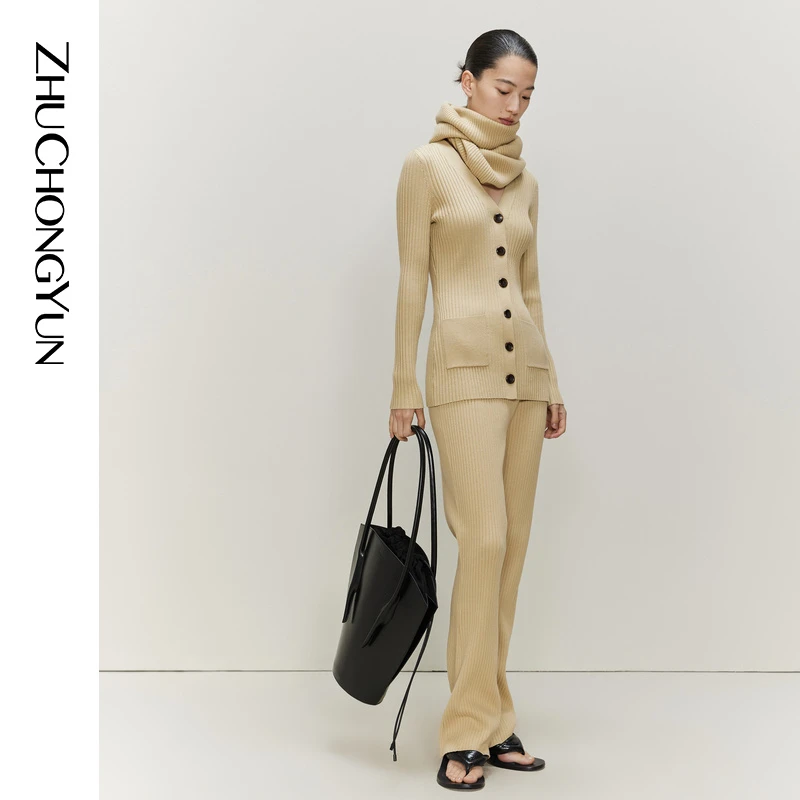 【平子精选】ZHUCHONGYUN通勤时尚口袋装饰罗纹扣针织开衫