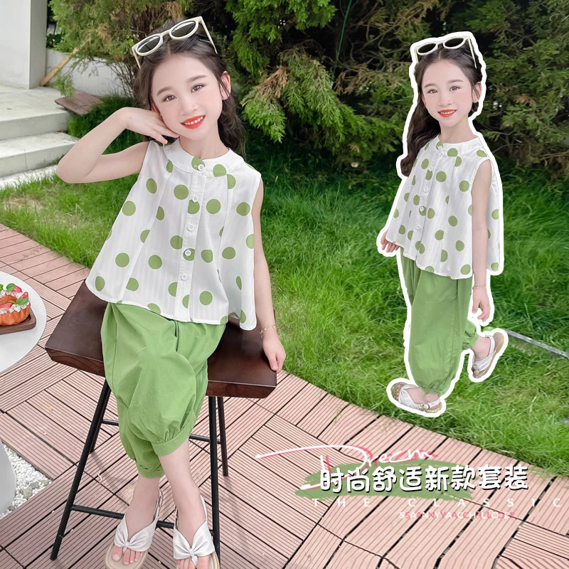 女童夏季套装2025新款儿童洋气圆点夏款衣服女孩背心阔腿裤两件套