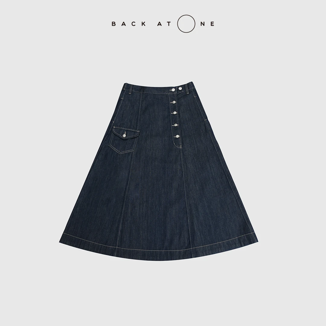 BackAtOne“艺术旅途” 时髦A字蓝色斜门襟牛仔半裙 BFS-2DI096C-K
