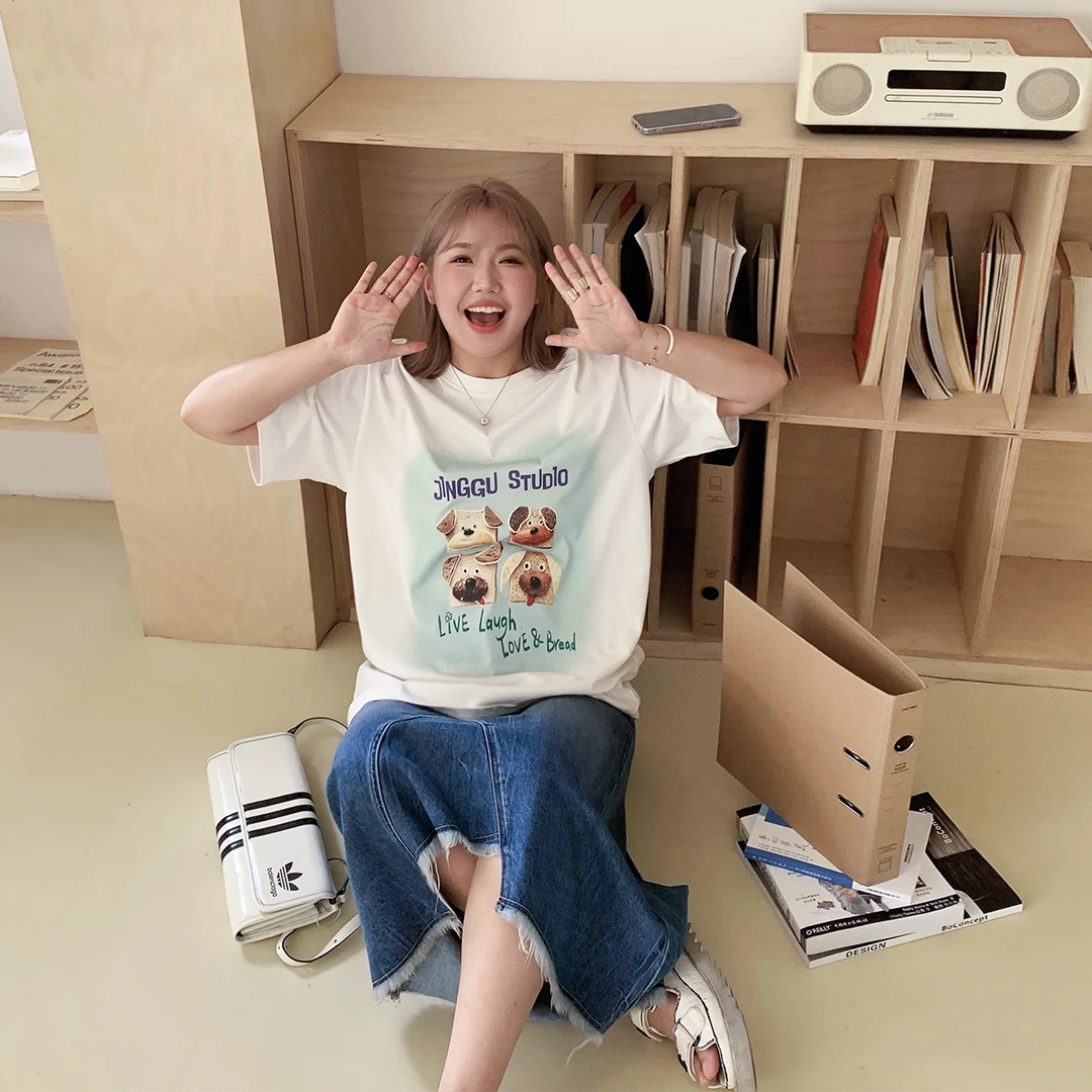 白标~趣味图案字母印花宽松短袖T女夏季白色休闲百搭款短袖