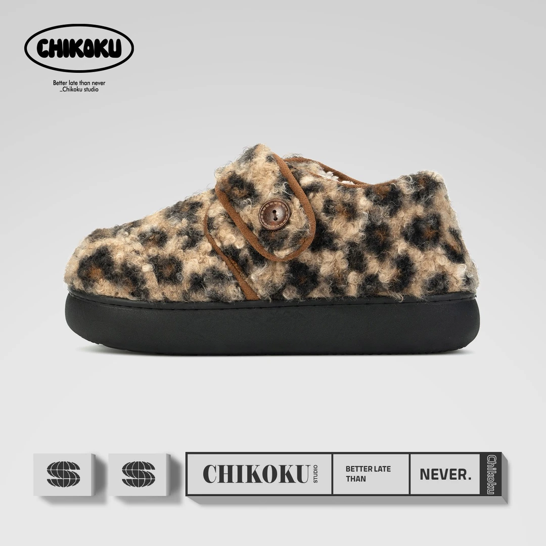 chikoku豹纹勃肯鞋女冬季厚底家居室内可外穿保暖情侣毛毛棉拖鞋