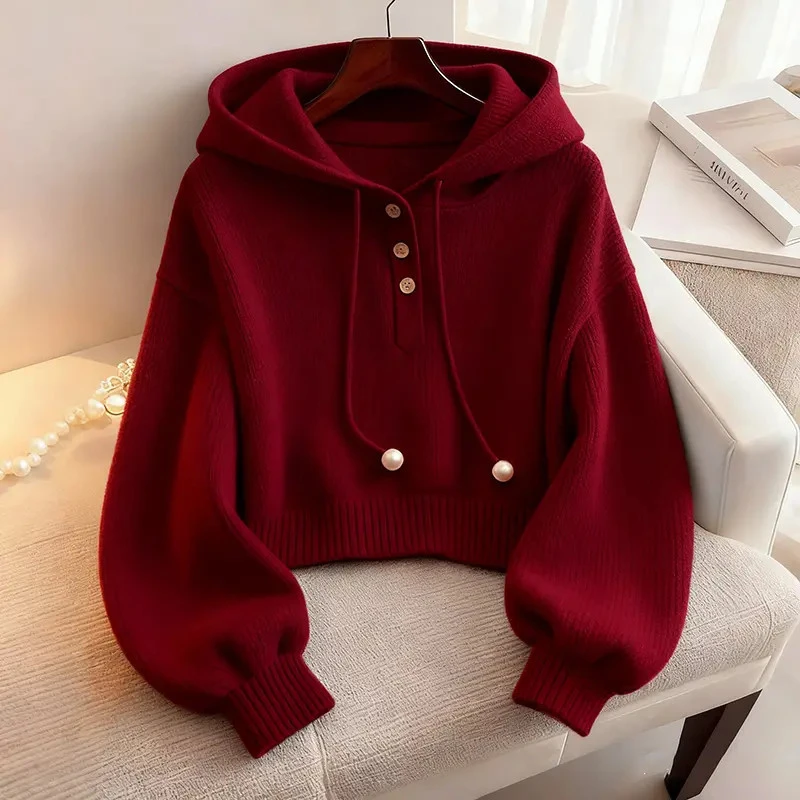 韩版慵懒风抽绳针织连帽卫衣女2025新款秋冬季穿搭上衣薄款外套女