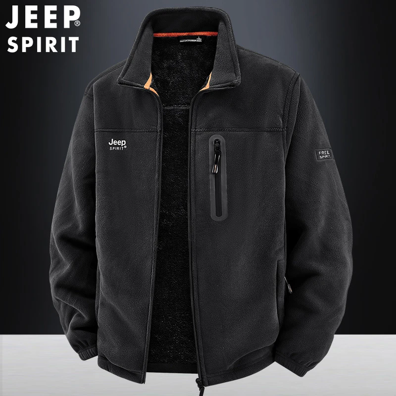 JEEPSPIRIT吉普秋冬新款男士抓绒衣外套加绒内胆奥粒绒开衫卫衣