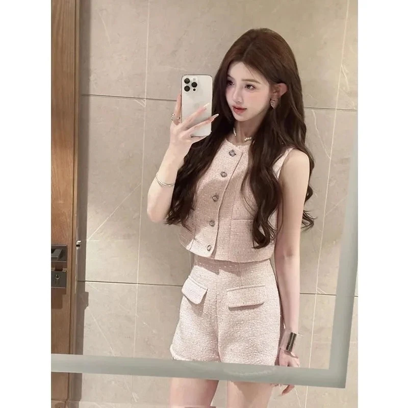 夏季新款粉色少女心甜美小香风套装裙单排扣背心上衣短裤子两件套