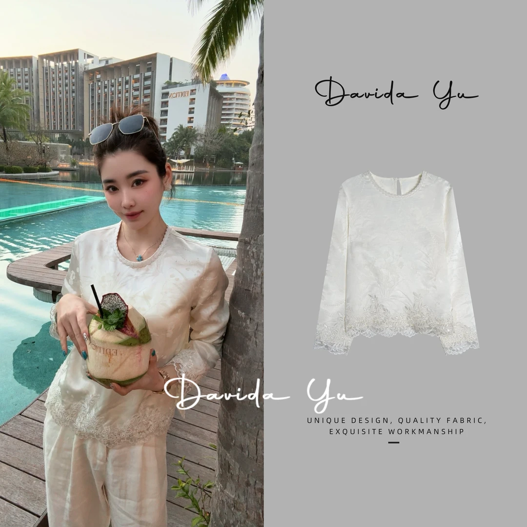Davida Yu【蕾丝上衣】天丝+羊毛 手工钉珠蕾丝提花气质上衣 W25111