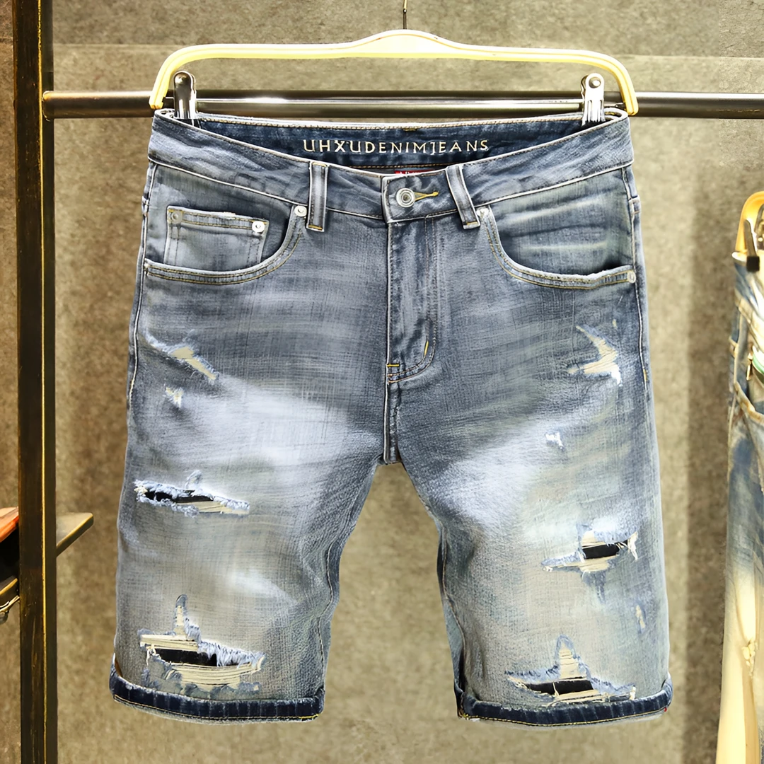 夏季破洞牛仔短裤男夏外穿宽松直筒五分裤高街痞帅割烂中裤子薄款